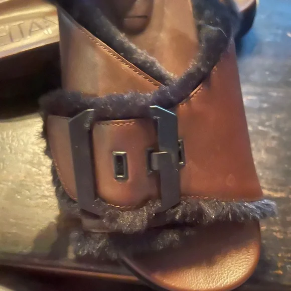 Deltan Women's Black and Brown Fur Buckle Mules - Picture 2 of 7